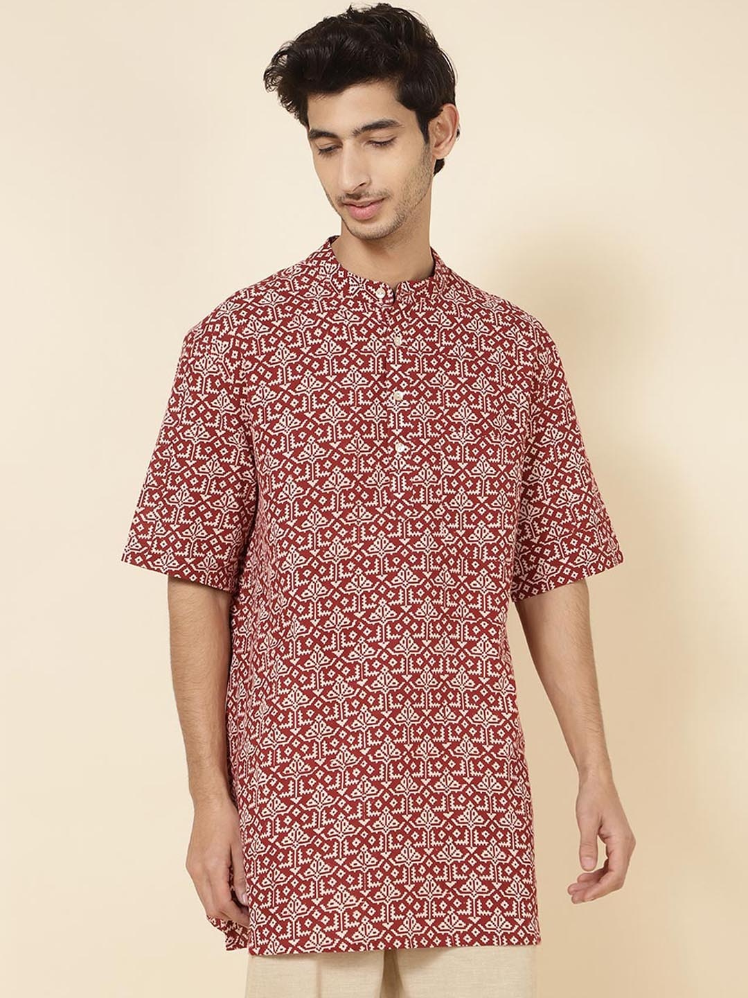 

Fabindia Ethnic Motifs Printed Cotton Kurta, Red