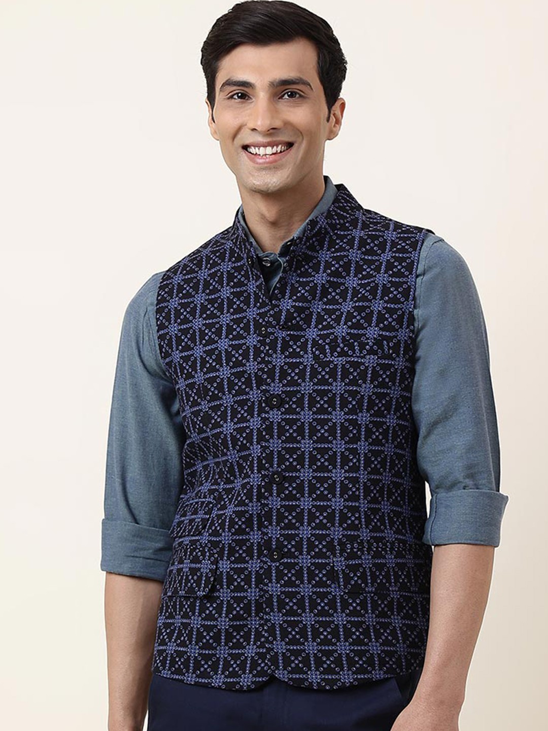 

Fabindia FabBasic Printed Pure Cotton Nehru Jacket, Blue