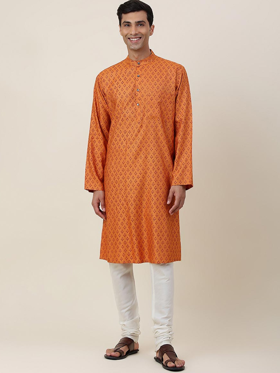 

Fabindia Ethnic Motifs Printed Mandarin Collar Silk Blend Kurta, Mustard