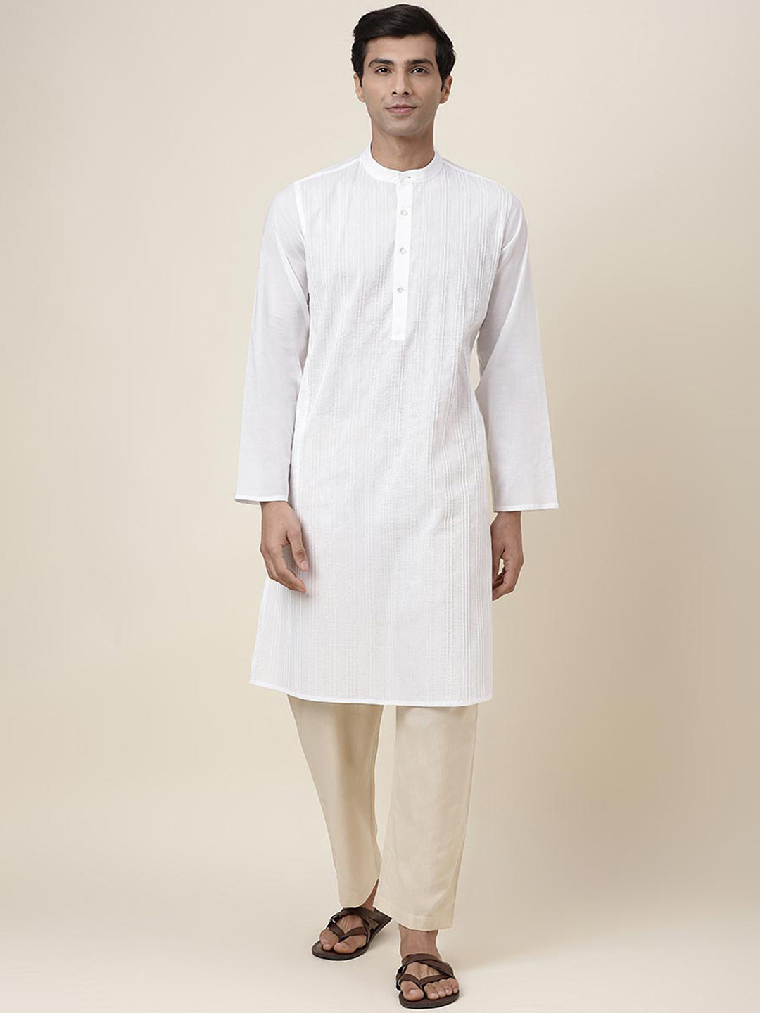 

Fabindia Striped Thread Work Pure Cotton Kurta, White