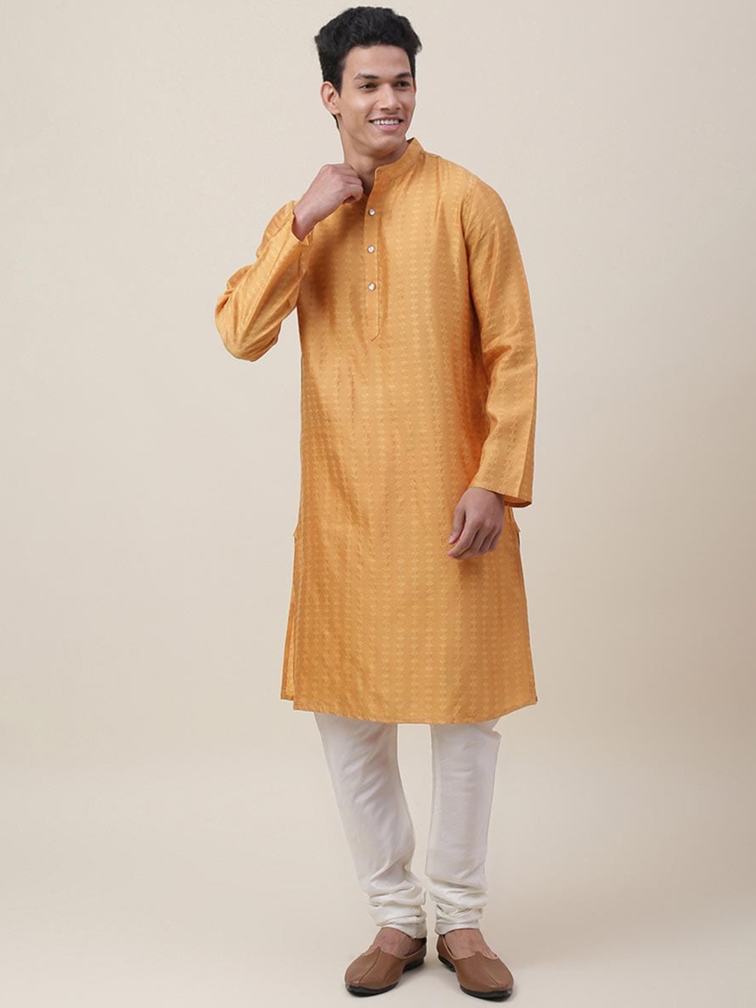 

Fabindia Woven Design Mandarin Collar Silk Blend Kurta, Yellow