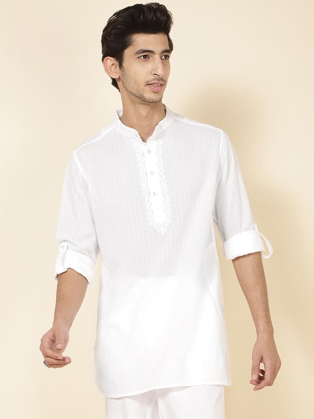 

Fabindia Mandarin Collar Striped Pathani Cotton Kurta, White