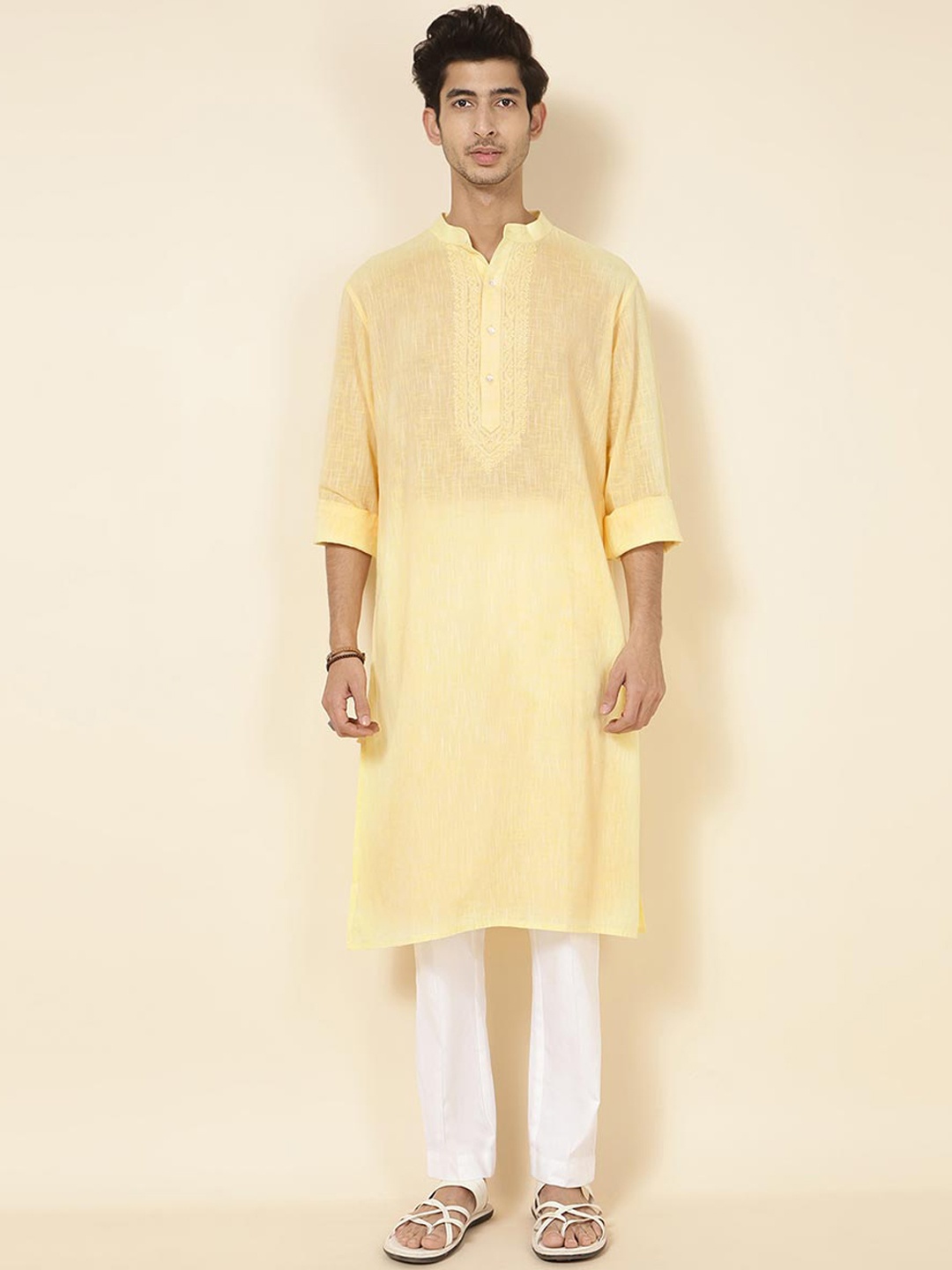 

Fabindia Mandarin Collar Chikankari Cotton Kurta, Yellow