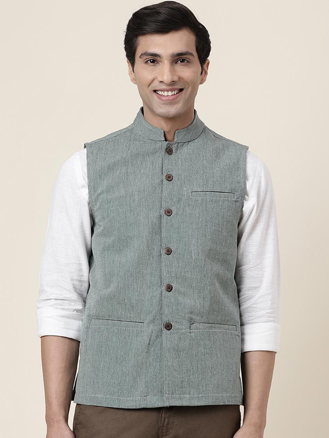 

Fabindia Pure Cotton Mandarin Collar Sleeveless Nehru Jackets, Green
