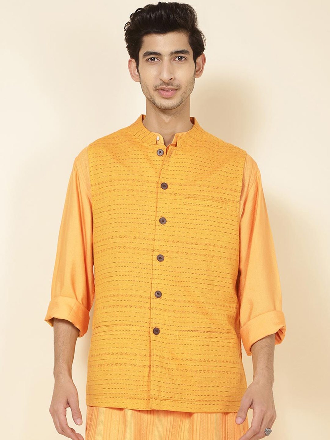 

Fabindia Pure Cotton Woven Design Nehru Jacket, Yellow