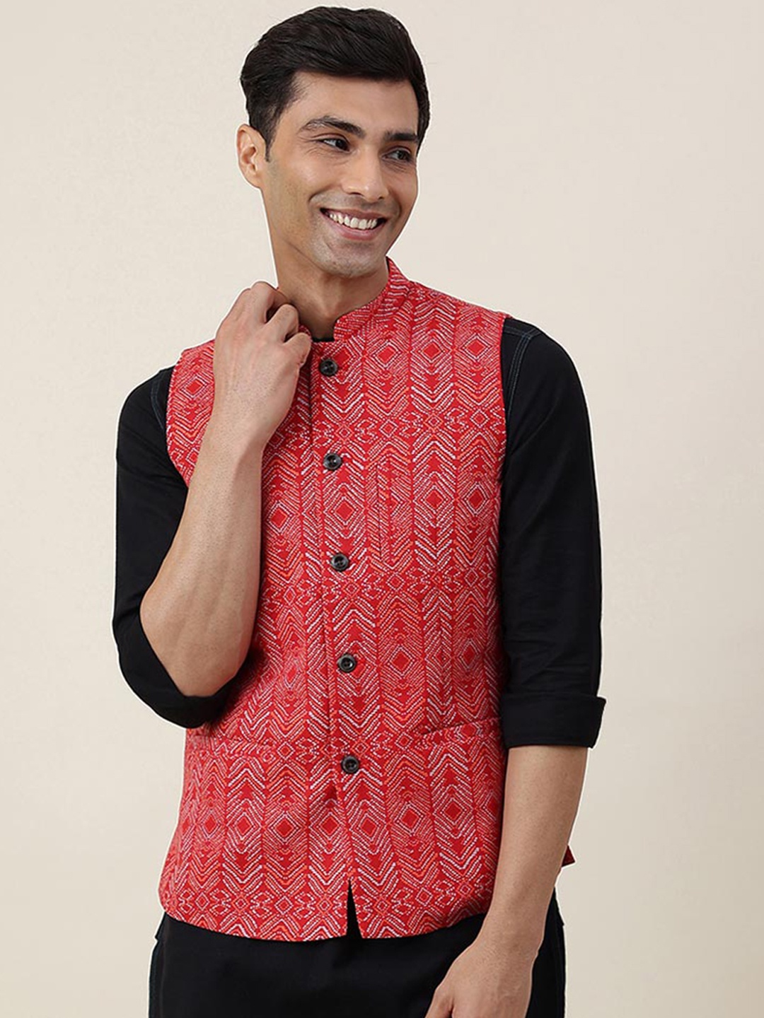 

Fabindia FabBasic Printed Pure Cotton Nehru Jacket, Red