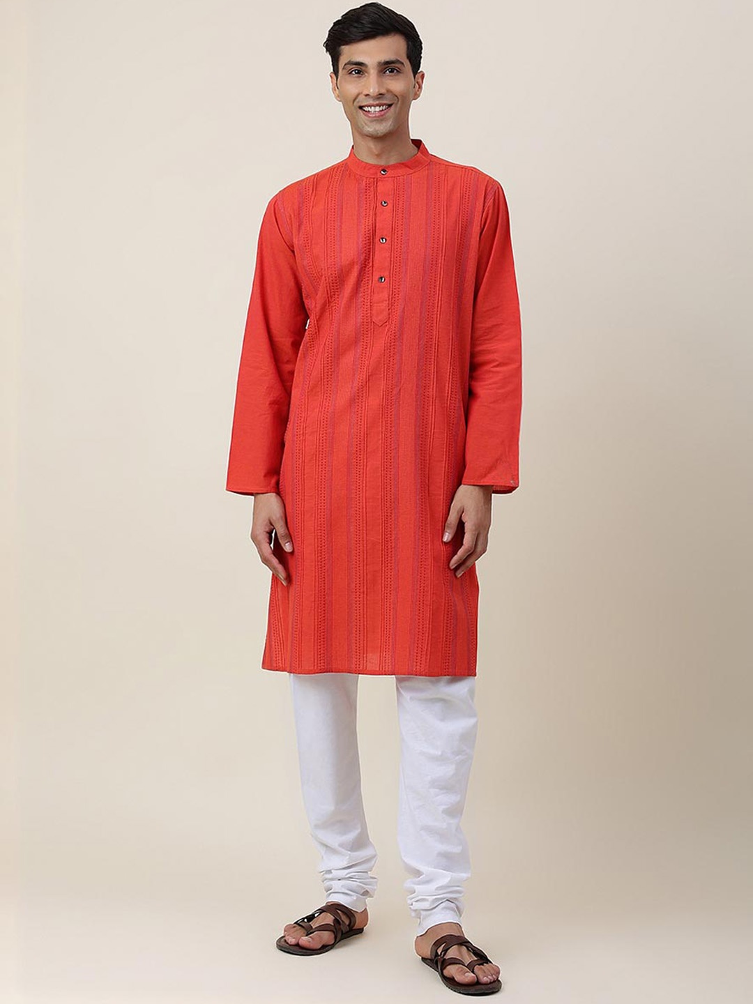 

Fabindia Striped Mandarin Collar Thread Work Pure Cotton Kurta, Red