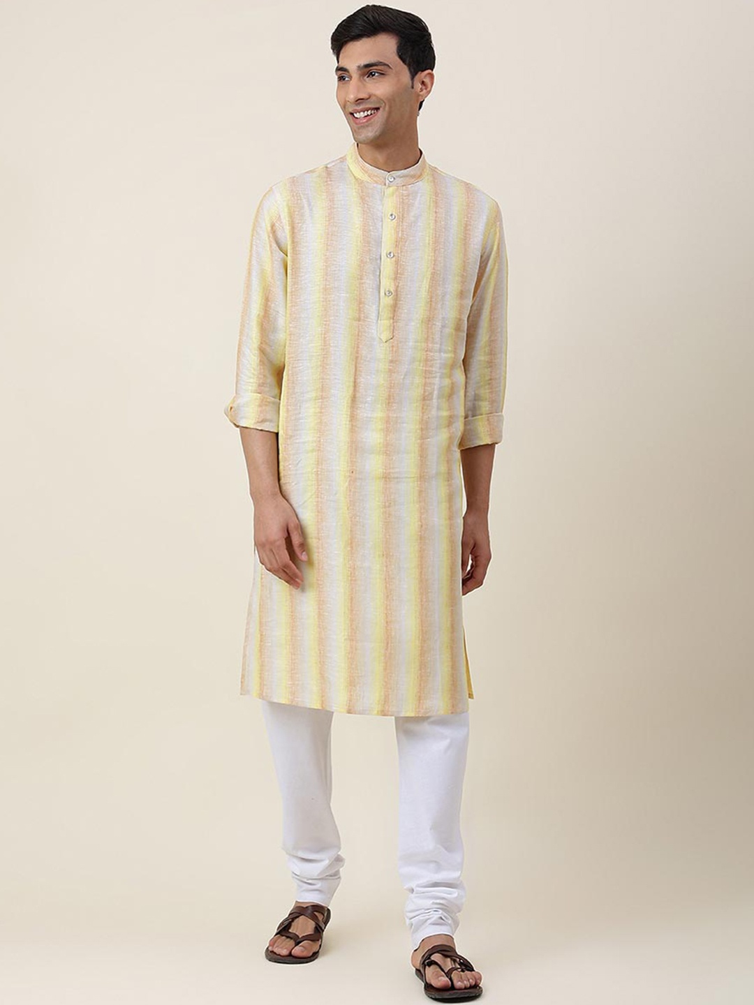 

Fabindia Striped Mandarin Collar Linen Kurta, Yellow