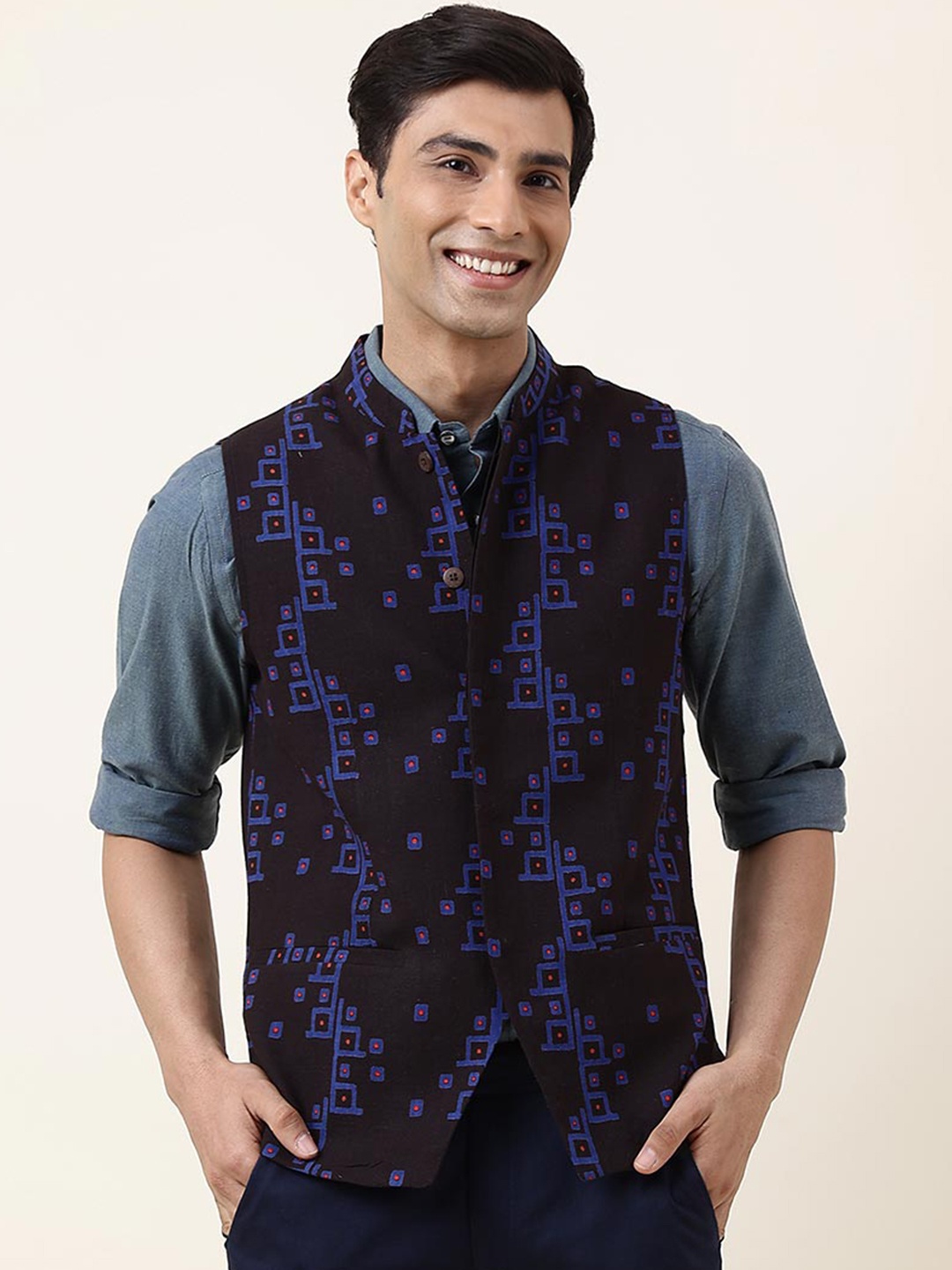 

Fabindia Pure Cotton Printed Nehru Jackets, Black