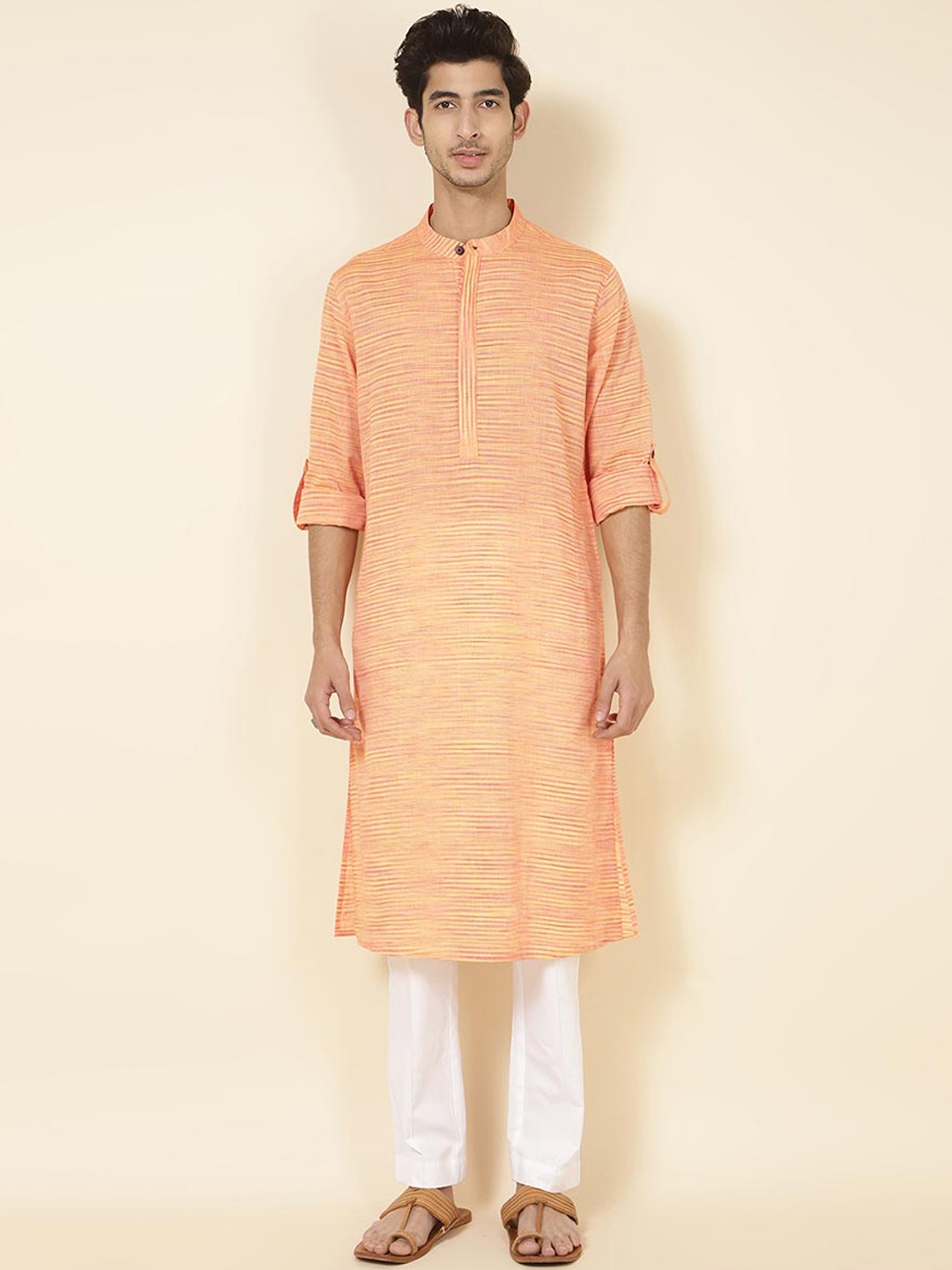 

Fabindia Striped Cuffed Sleeves Cotton Kurta, Coral