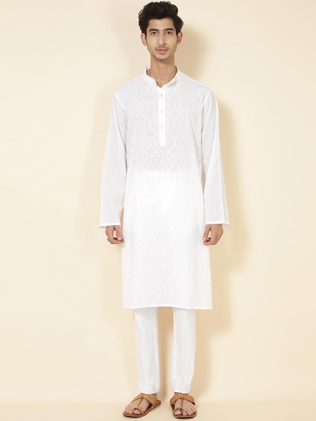 

Fabindia Mandarin Collar Ethnic Motifs Printed Straight Cotton Kurta, White