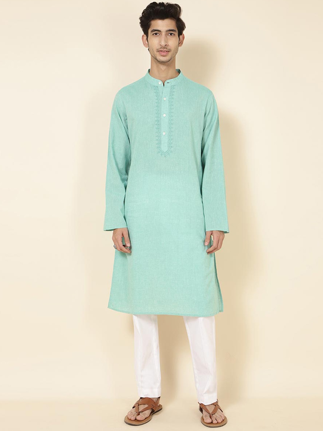 

Fabindia Woven Design Mandarin Collar Thread Work Pure Cotton Kurta, Green