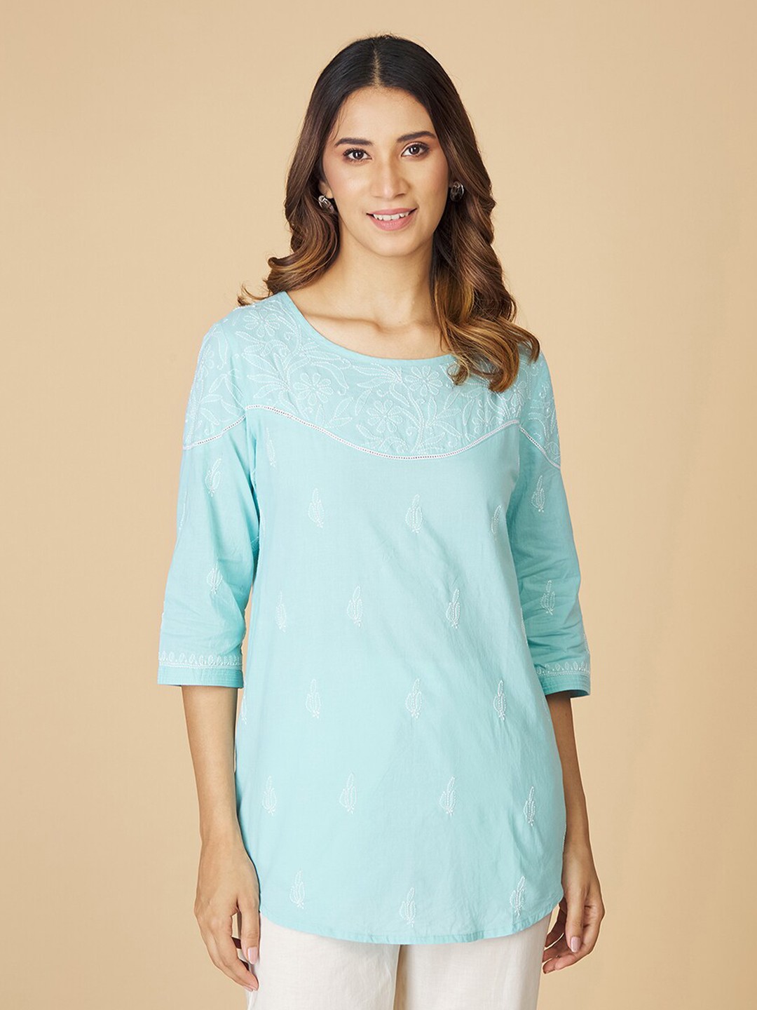 

Fabindia Embroidered Chikankari Cotton Tunic, Sea green