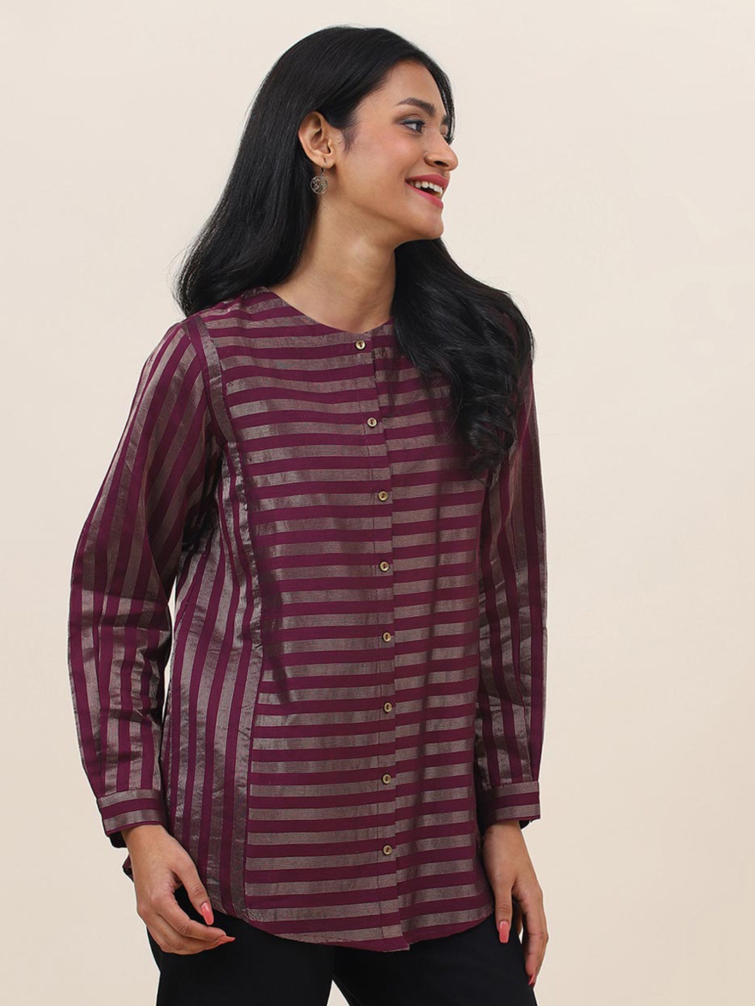 

Fabindia Striped Round Neck Long Sleeves Cotton Tunic, Maroon