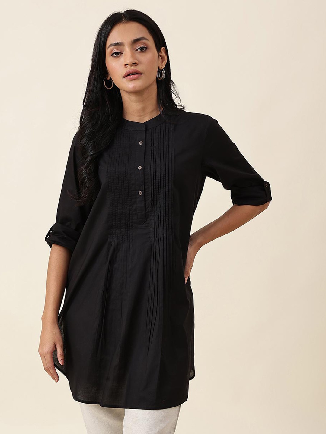 

Fabindia Band Collar Cotton Tunic, Black