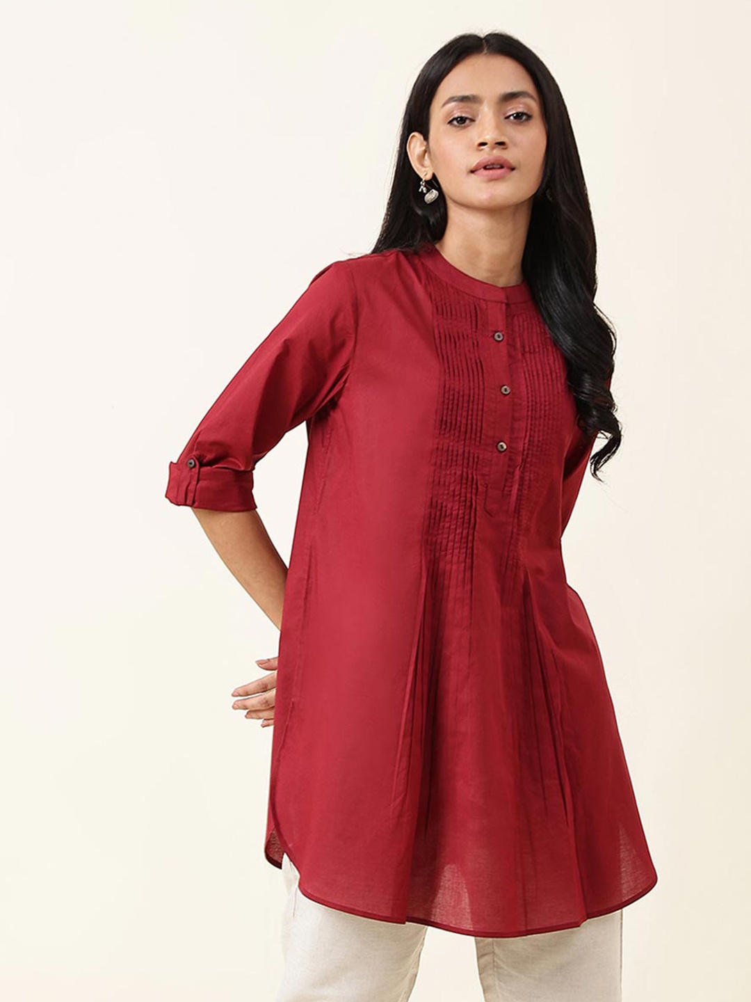 

Fabindia Band Collar Cotton Tunic, Maroon