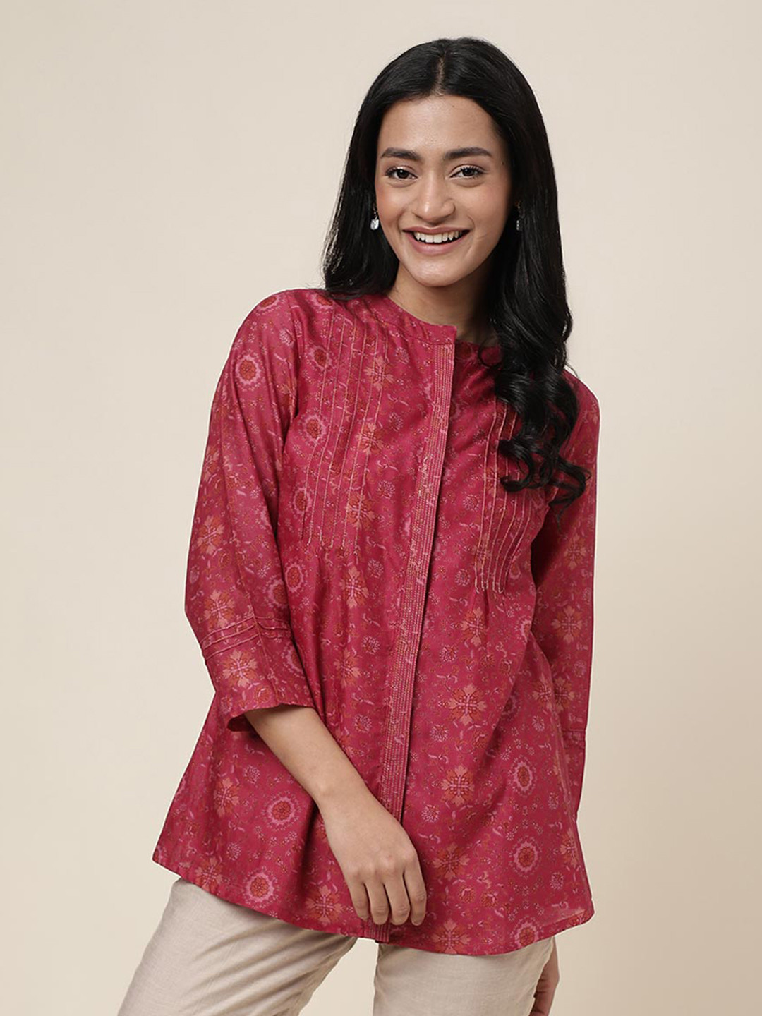 

Fabindia Floral Printed Mandarin Collar Cotton Tunic, Pink