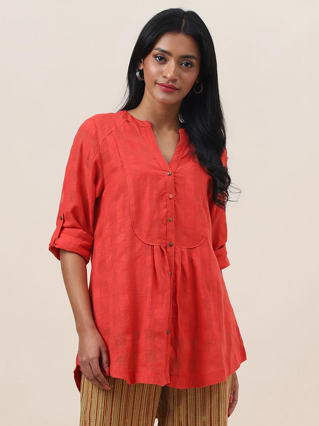

Fabindia Mandarin Collar Organic Cotton Tunic, Coral