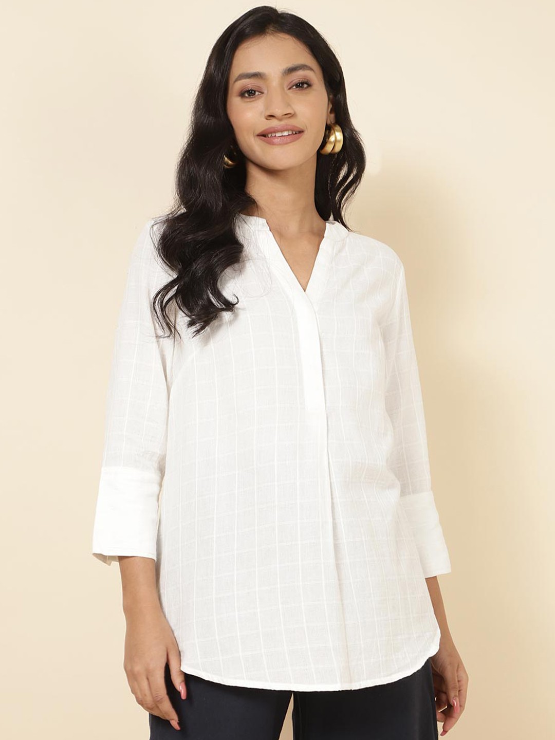 

Fabindia Checked V-Neck Cotton Tunic, White
