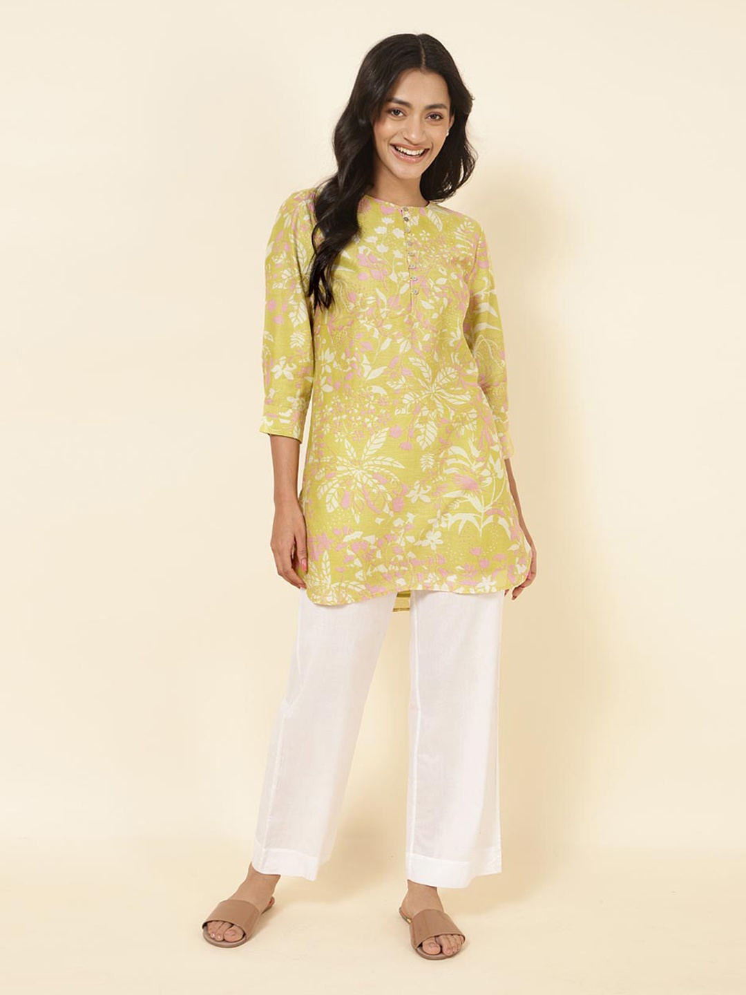 

Fabindia Floral Printed Round Neck Cotton Tunic, Green