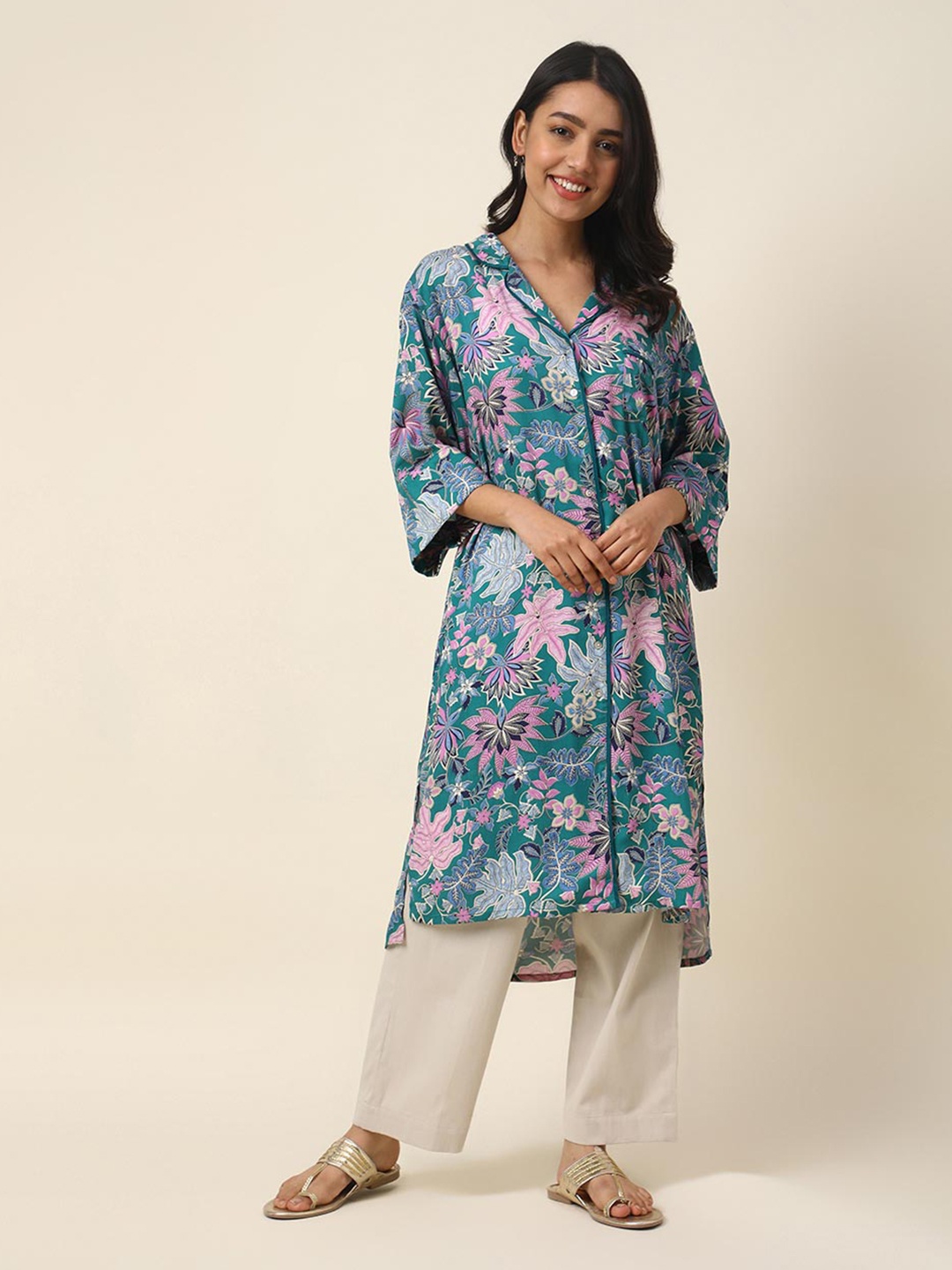 

Fabindia Floral Printed Shirt Collar Empire Kurta, Green