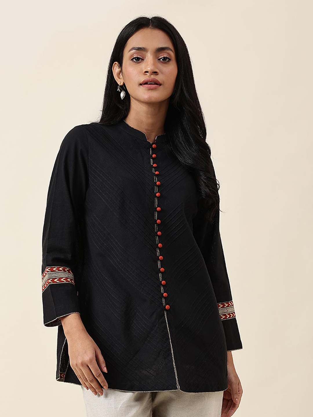 

Fabindia Mandarin Collar Long Sleeves Cotton Tunic, Black