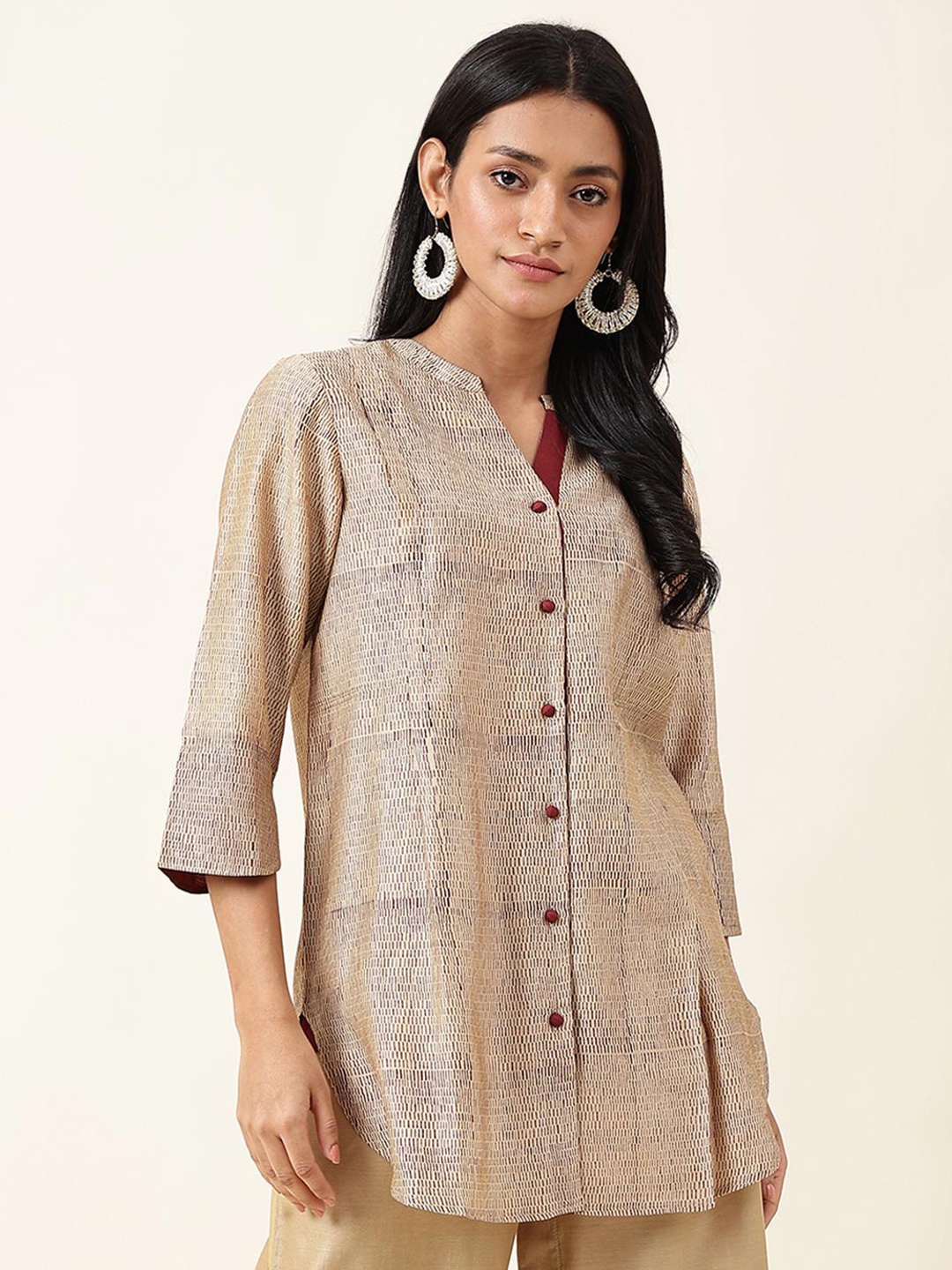 

Fabindia Band Collar Printed Cotton Silk Tunic, Beige