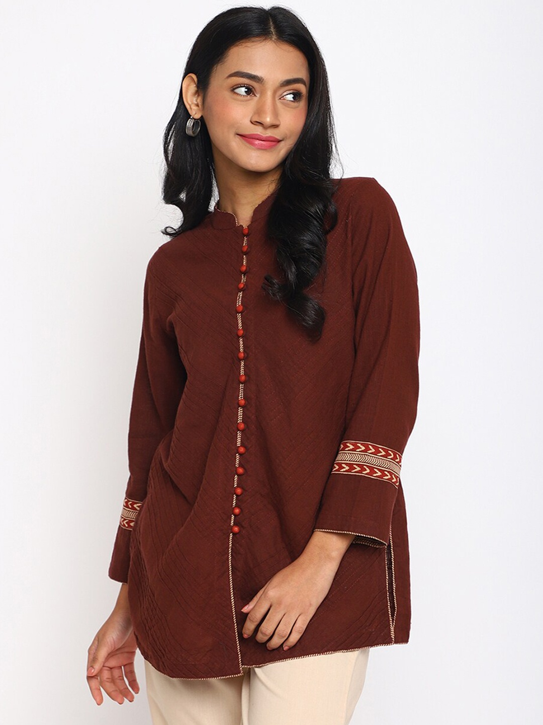 

Fabindia Cotton Mandarin Collar Long Sleeves Tunic, Brown