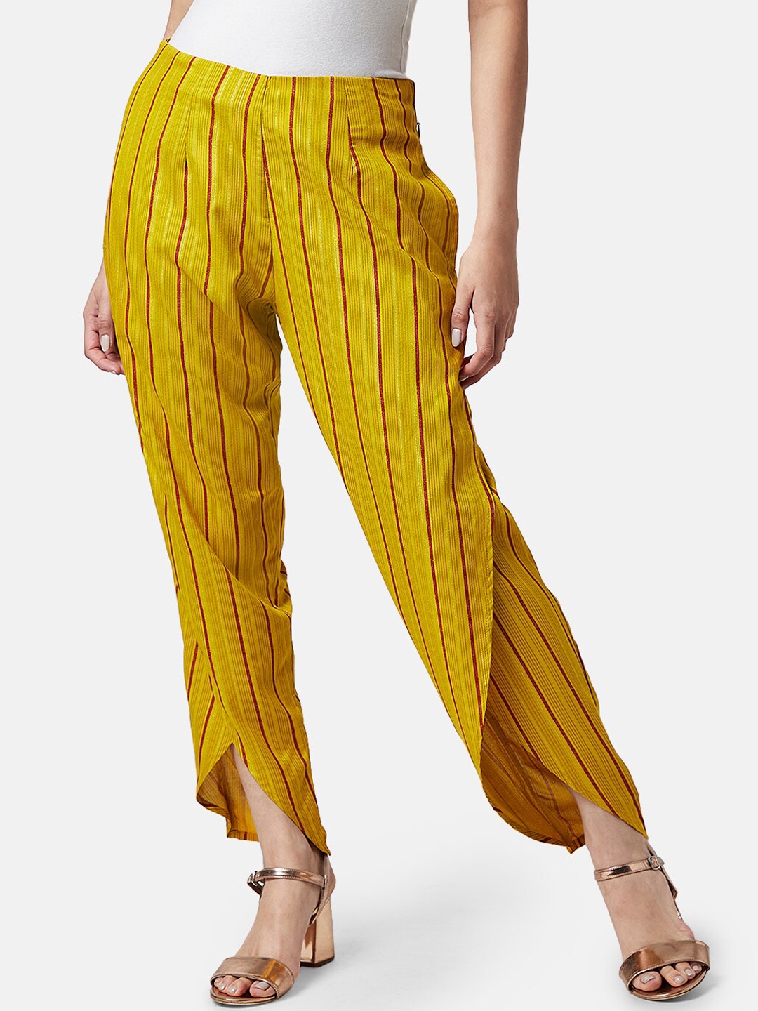 

AKKRITI BY PANTALOONS Women Mid-Rise Striped Trousers, Mustard