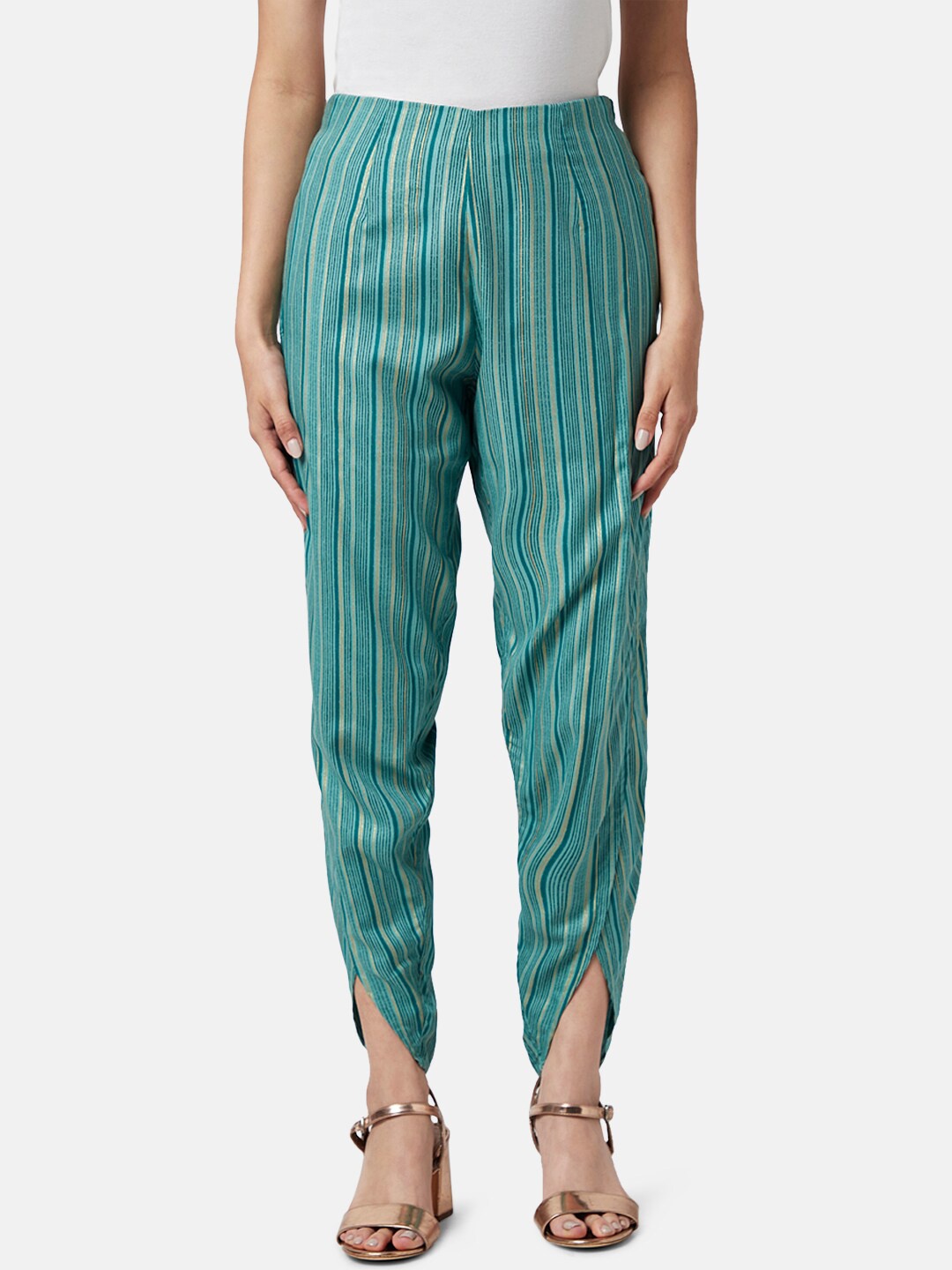 

AKKRITI BY PANTALOONS Women Mid-Rise Striped Trousers, Teal