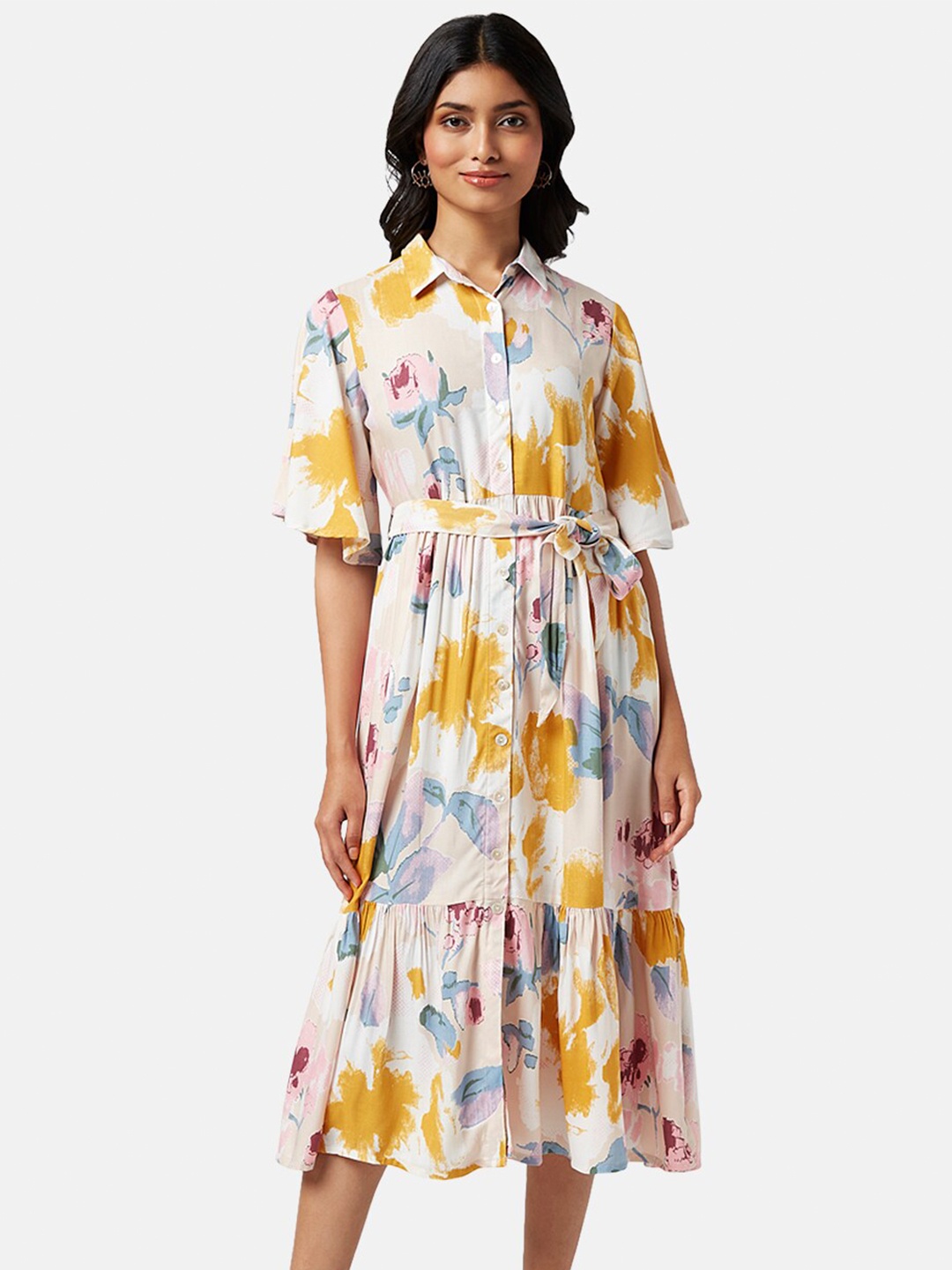 

AKKRITI BY PANTALOONS Floral Shirt Midi Dress, White