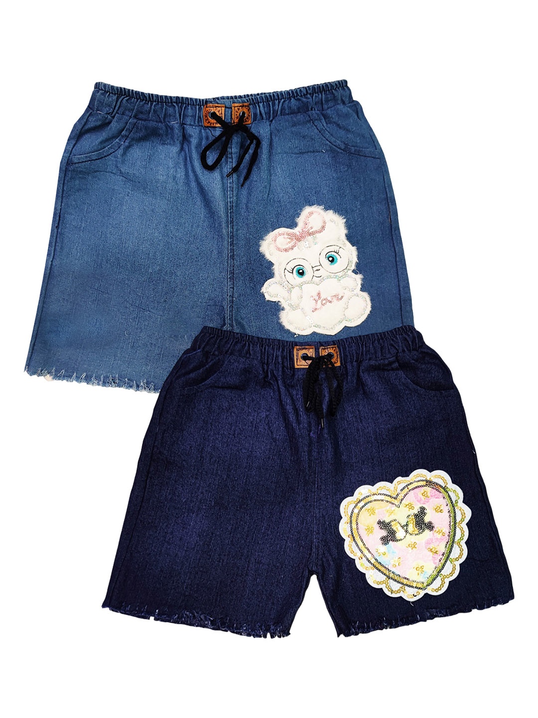 

PINVE Girls Pack Of 2 Printed Denim Shorts, Blue