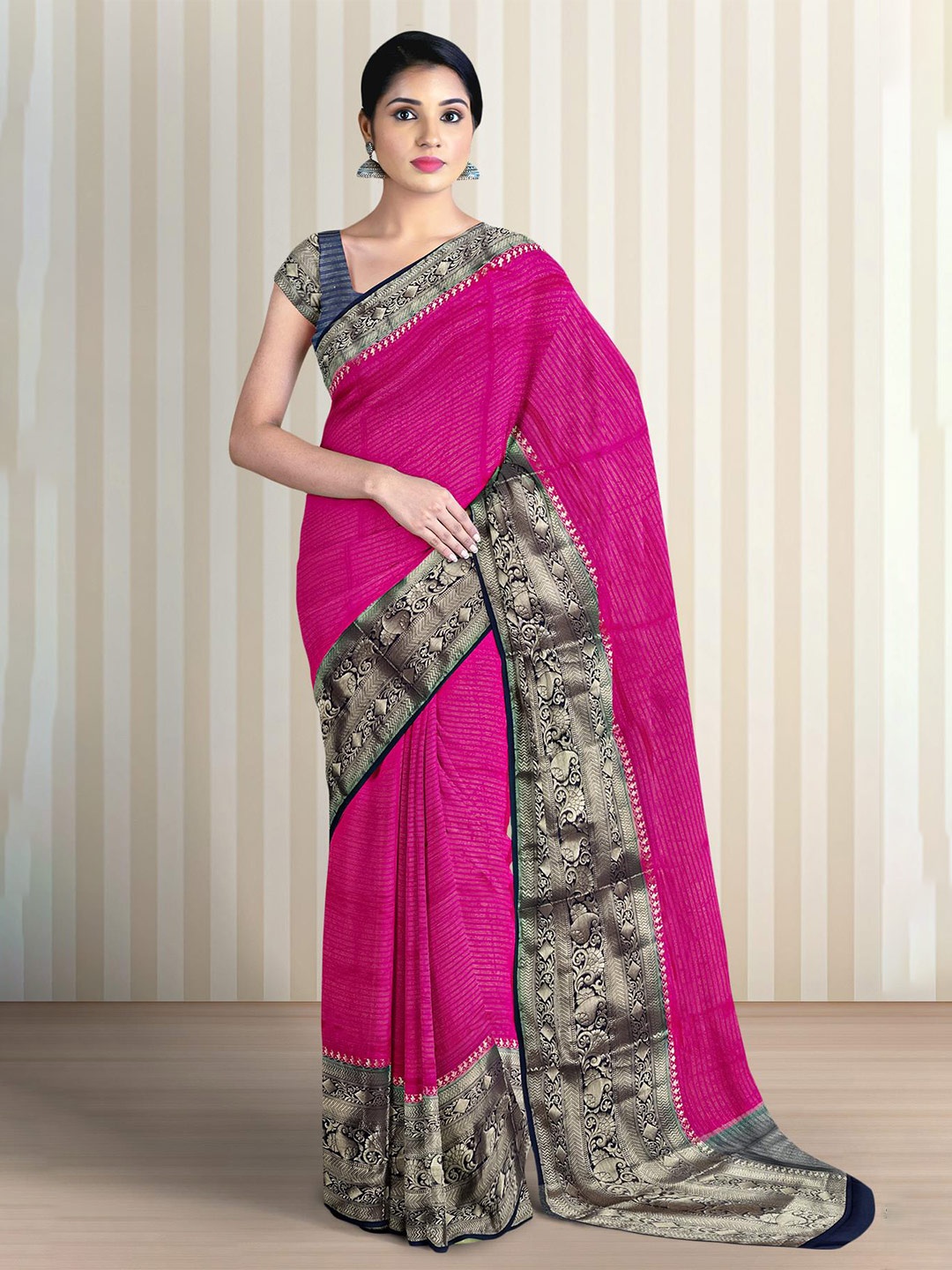 

Kalamandir Striped Silk Blend Saree, Pink