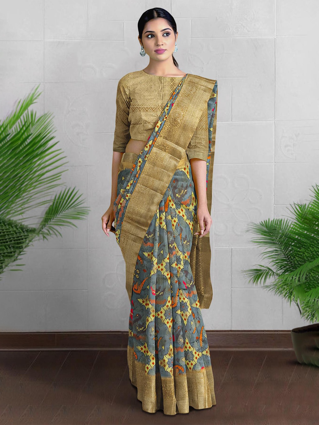 

Kalamandir Ethnic Motifs Printed Zari Pure Cotton Saree, Grey