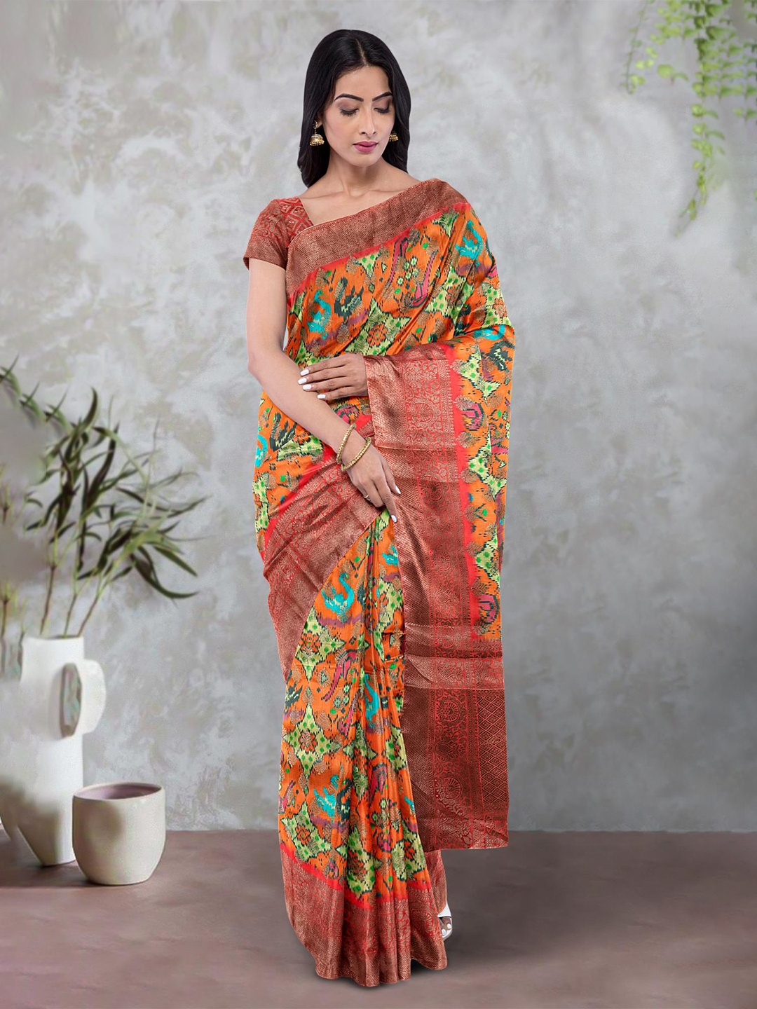 

Kalamandir Ethnic Motifs Woven Design Zari Pure Cotton Saree, Orange