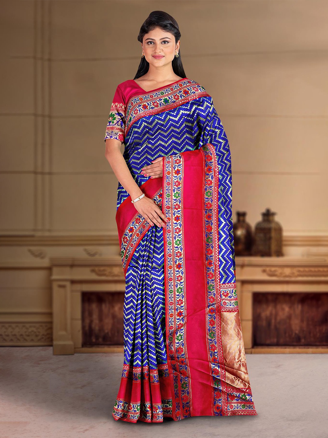 

Kalamandir Geometric Woven Design Zari Saree, Blue