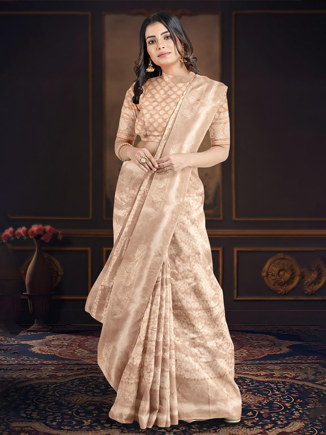 

Kalamandir Ethnic Motifs Woven Design Zari Tissue Saree, Cream