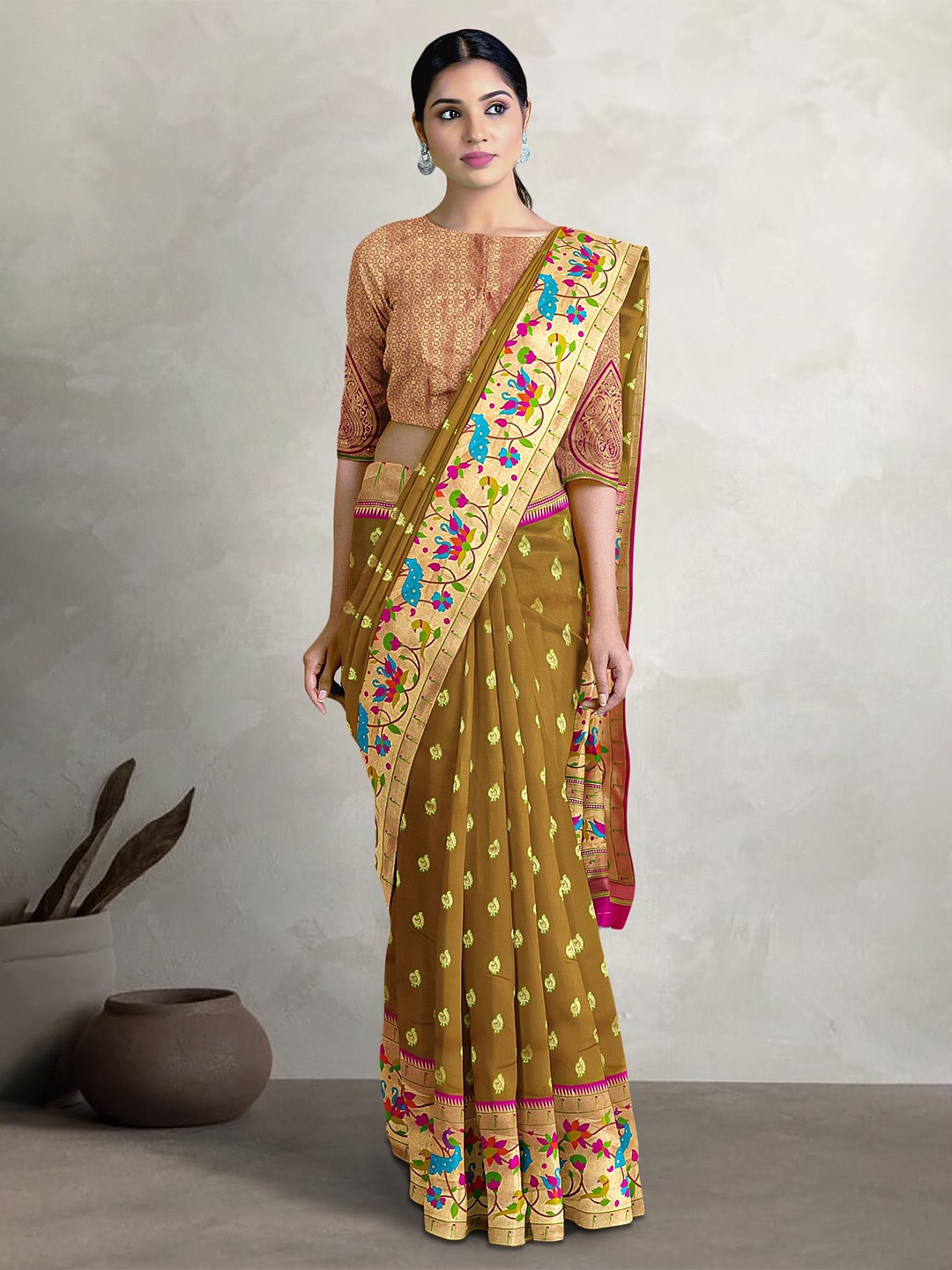 

Kalamandir Ethnic Motif Woven Design Saree, Brown