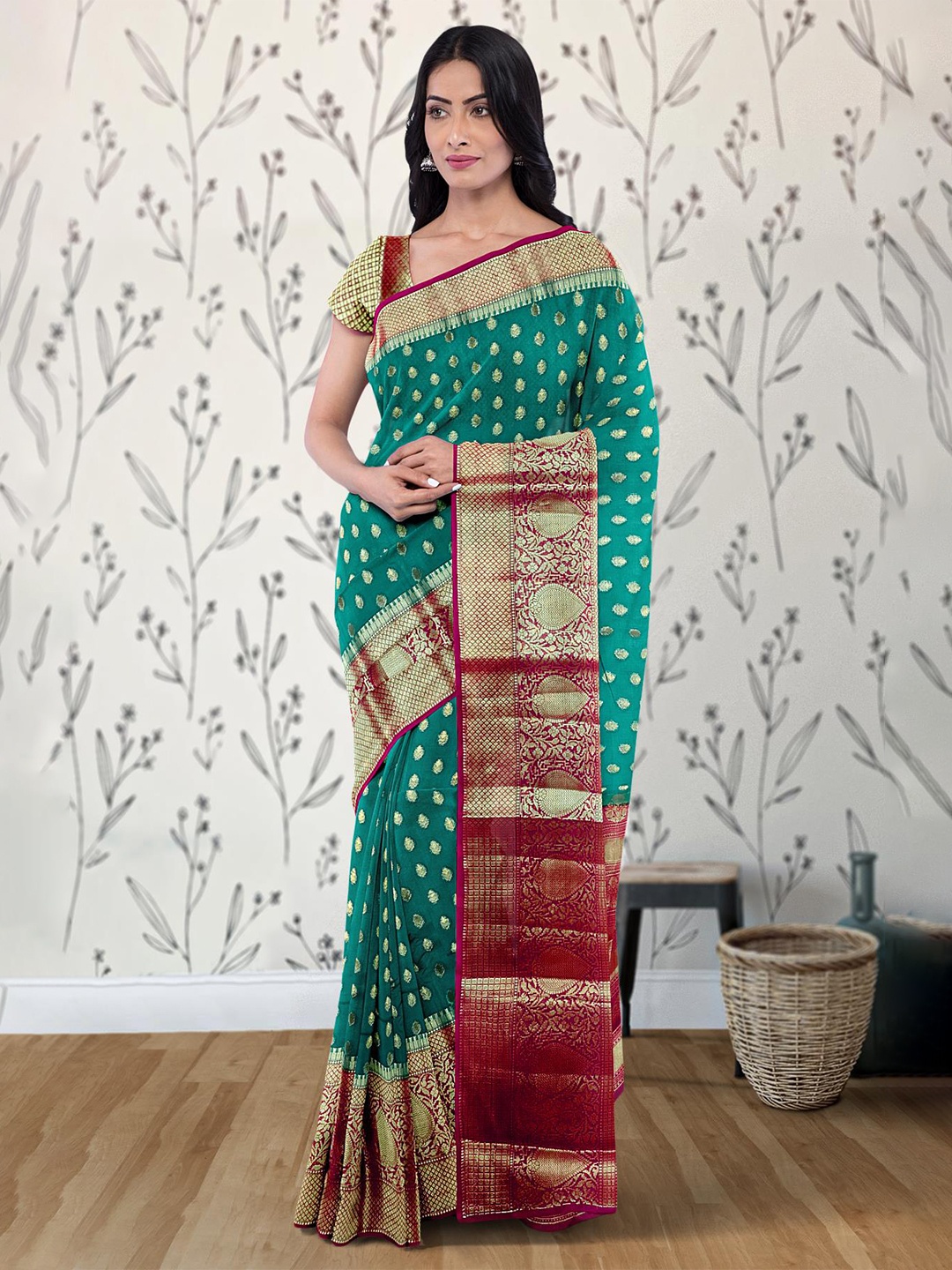 

Kalamandir Ethnic Motif Woven Design Zari Saree, Teal