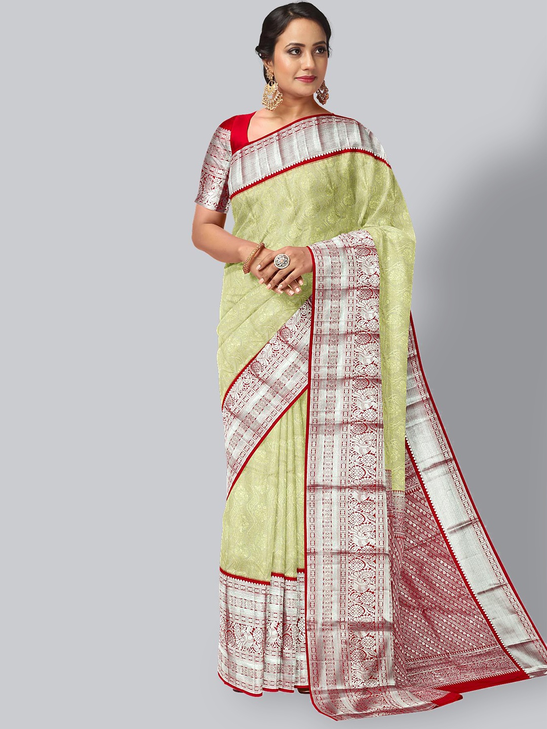 

Kalamandir Ethnic Motif Woven Design Zari Saree, Lime green