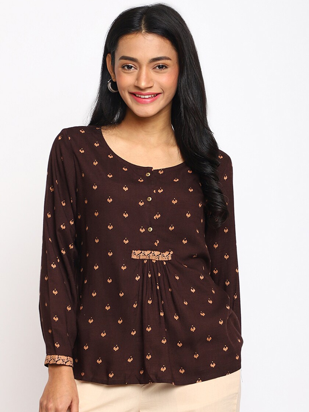 

Fabindia Ethnic Motifs Printed Gathered Top, Brown