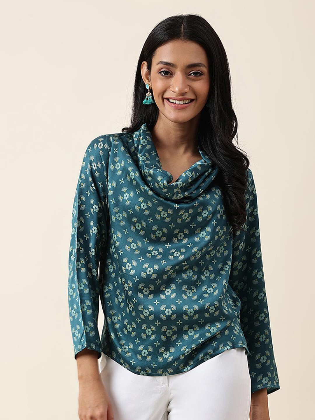 

Fabindia Floral Print Cowl Neck Top, Teal
