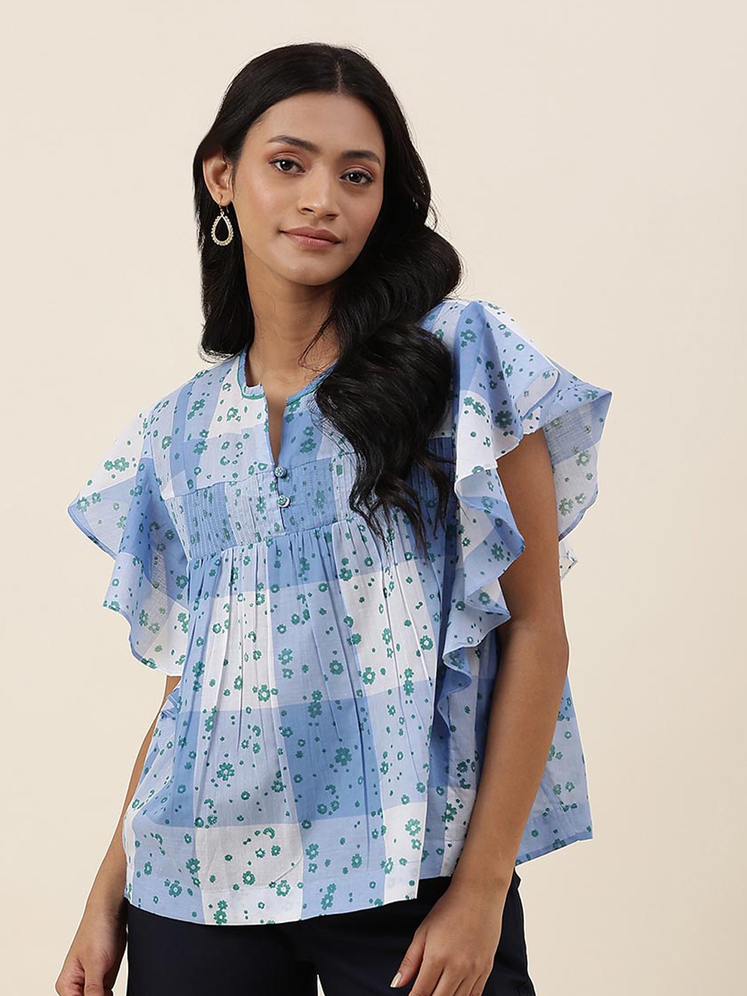 

Fabindia Floral Printed Cotton Empire Top, Blue