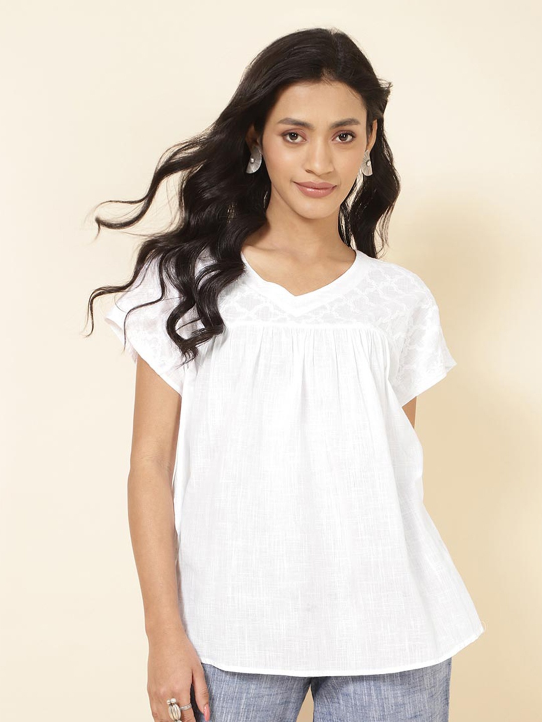 

Fabindia Self Design Gathered Cotton Top, White