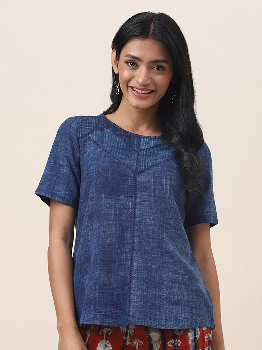 

Fabindia Round Neck Short Sleeves Linen Top, Navy blue