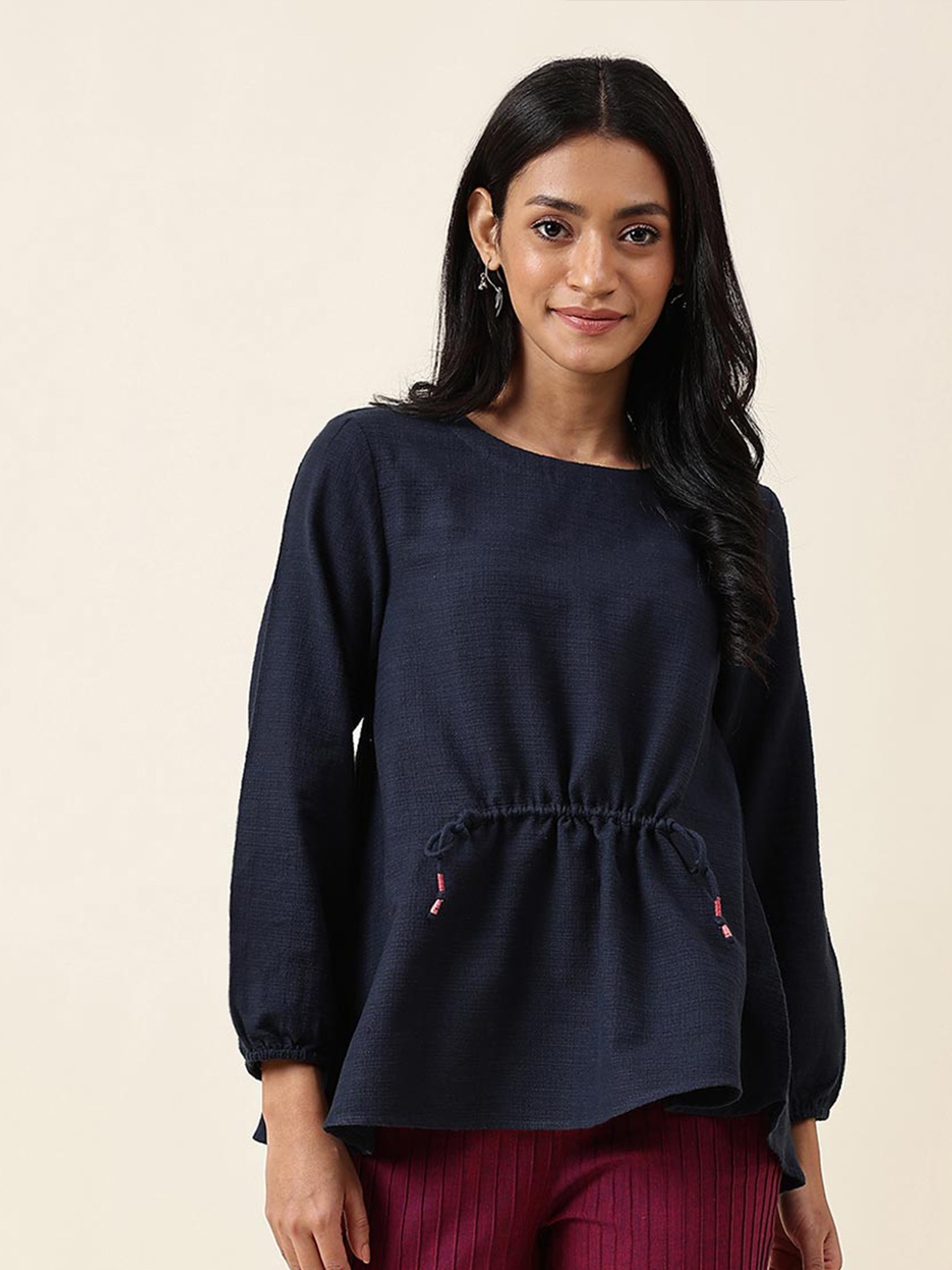 

Fabindia Puff Sleeves Cinched Waist Top, Navy blue