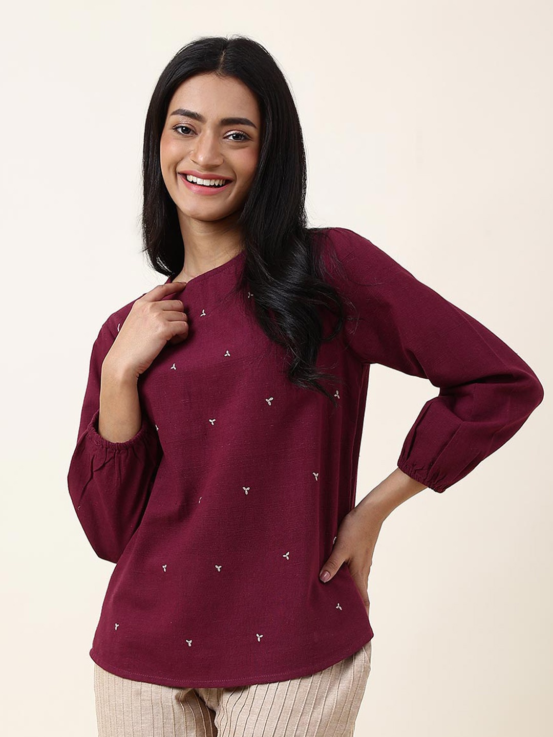 

Fabindia Floral Embroidered Cotton Top, Burgundy