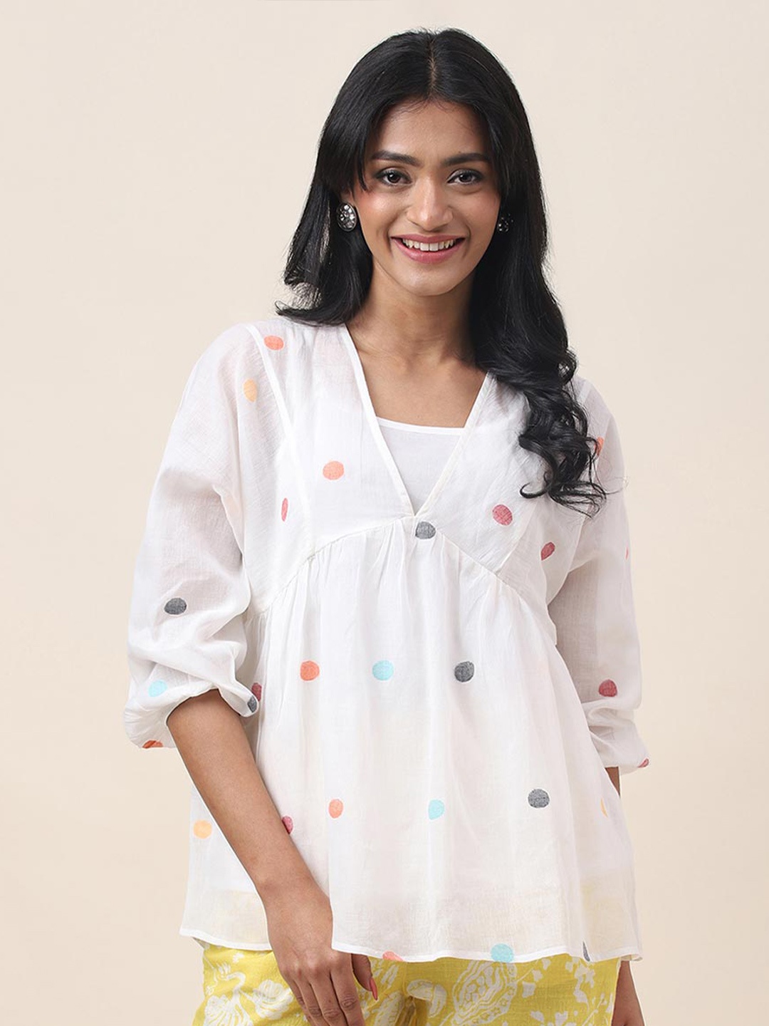 

Fabindia Polka Dots Printed Cotton Top, White