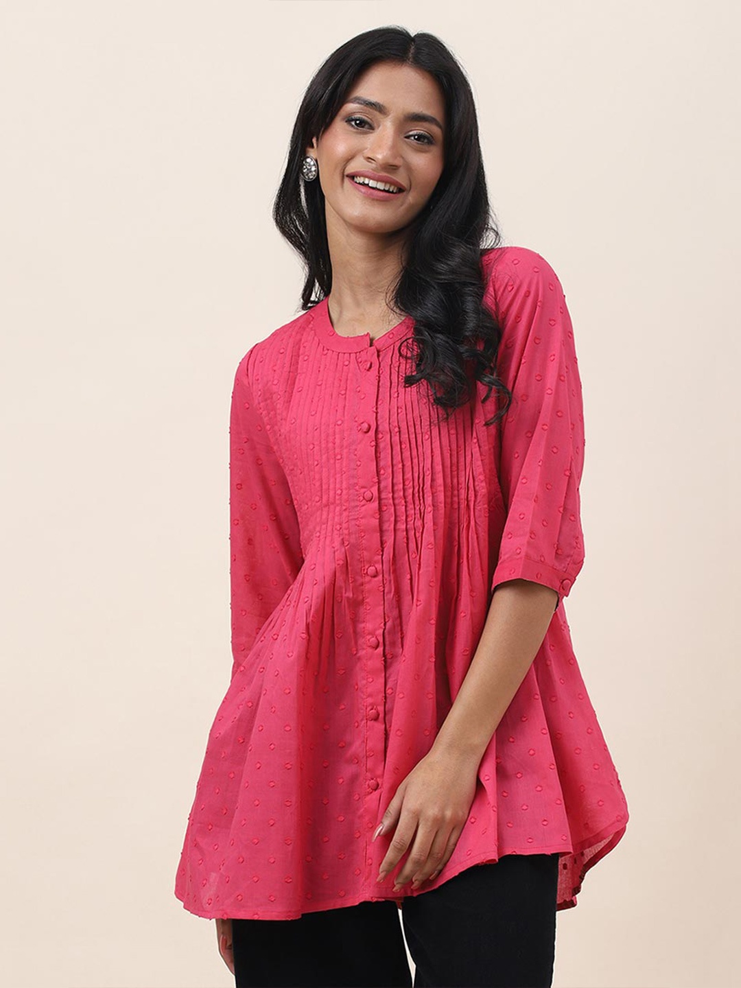 

Fabindia Cotton Dobby Mandarin Neck A-Line Tunic, Pink