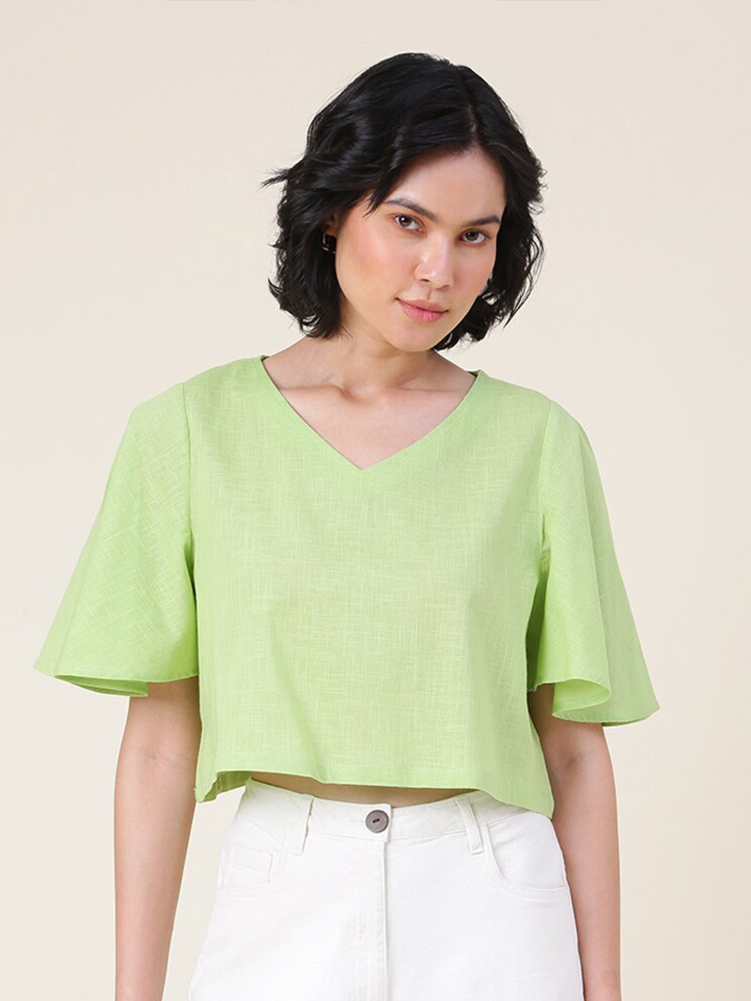 

Fabindia V-Neck Flared Sleeve Cotton Crop Top, Green